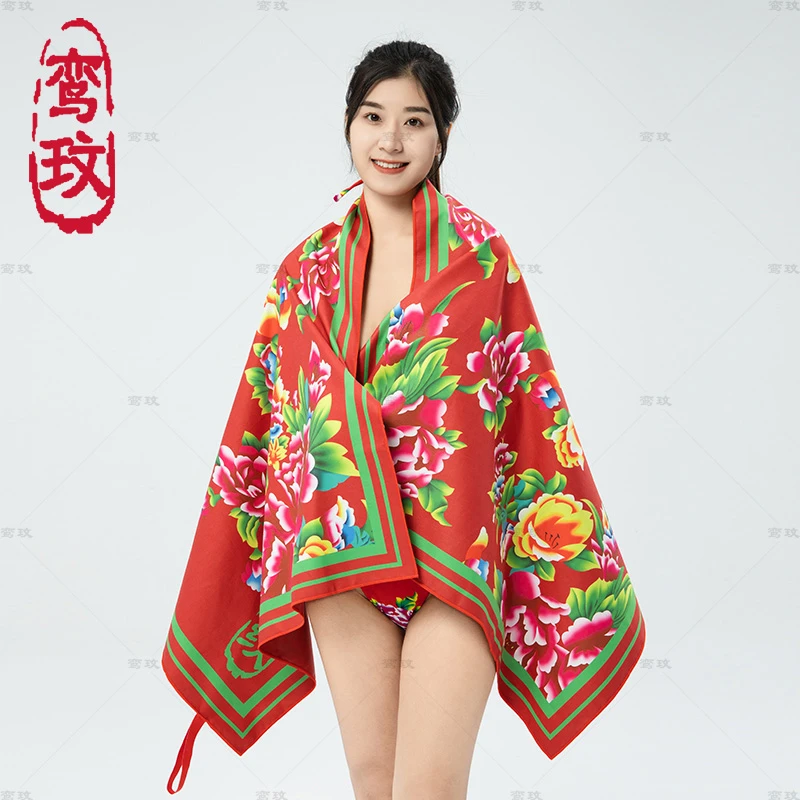 鸾玟国潮东北大花版速干红色款游泳海滩浴巾时尚夏季外搭印花亲肤