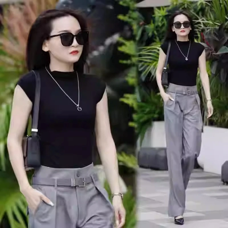 时尚西装阔腿裤套装女2024春夏新款时髦洋气短袖上衣直筒裤两件套