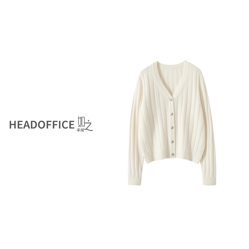 『价格已开』KANGA·女士三股加厚竖条纹V领100山羊绒开衫单排扣外套