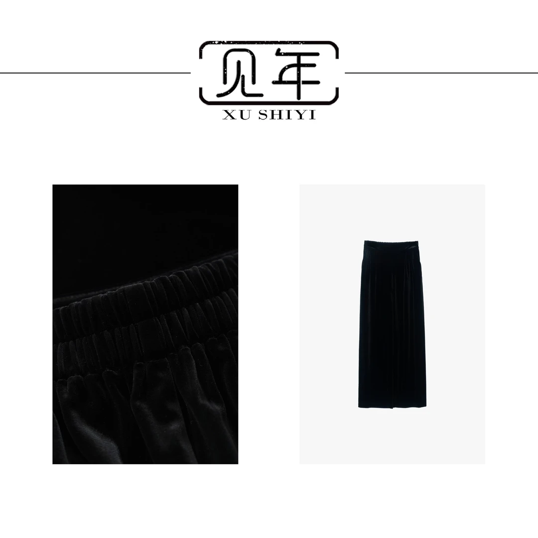 【墨缘】丝绒裤子.女黑色松紧腰直筒休闲裤E6671-1