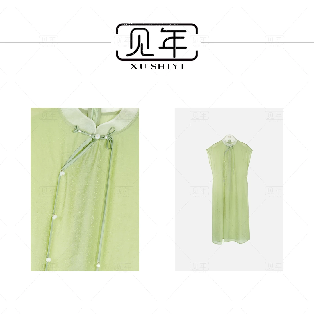 见年【青黛】新中式国风斜襟盘扣拼接奥黛旗袍裙F8153