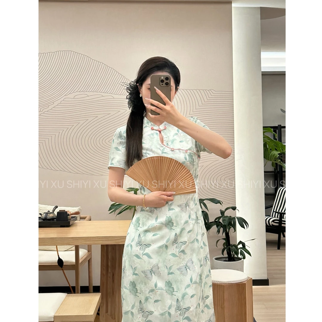 见年【与卿】莫奈花园风新中式斜襟盘扣旗袍连衣裙F8255