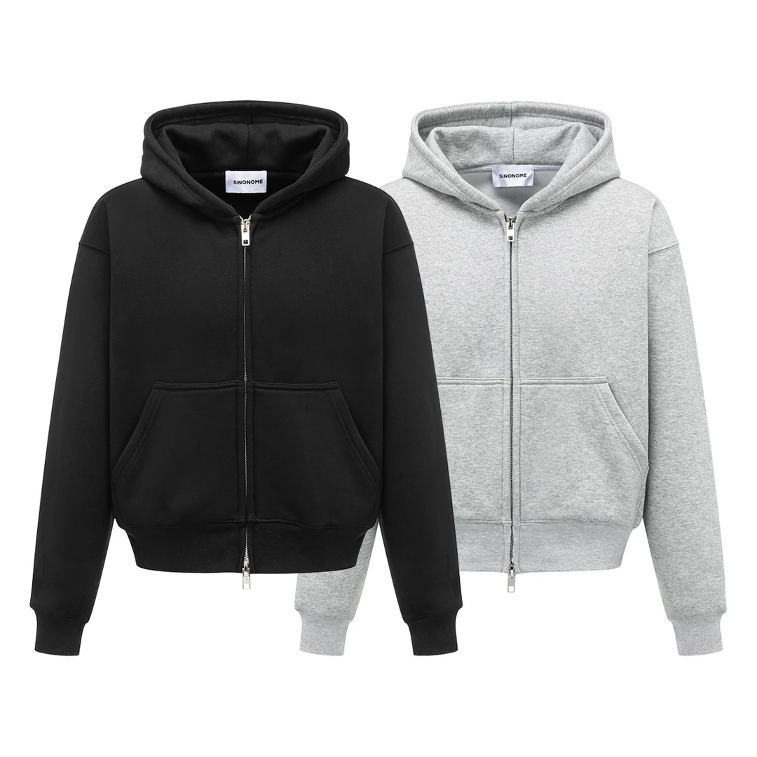 SINONOME 550G重磅短宽纯棉加绒拉链连帽卫衣外套 男女cleanfit