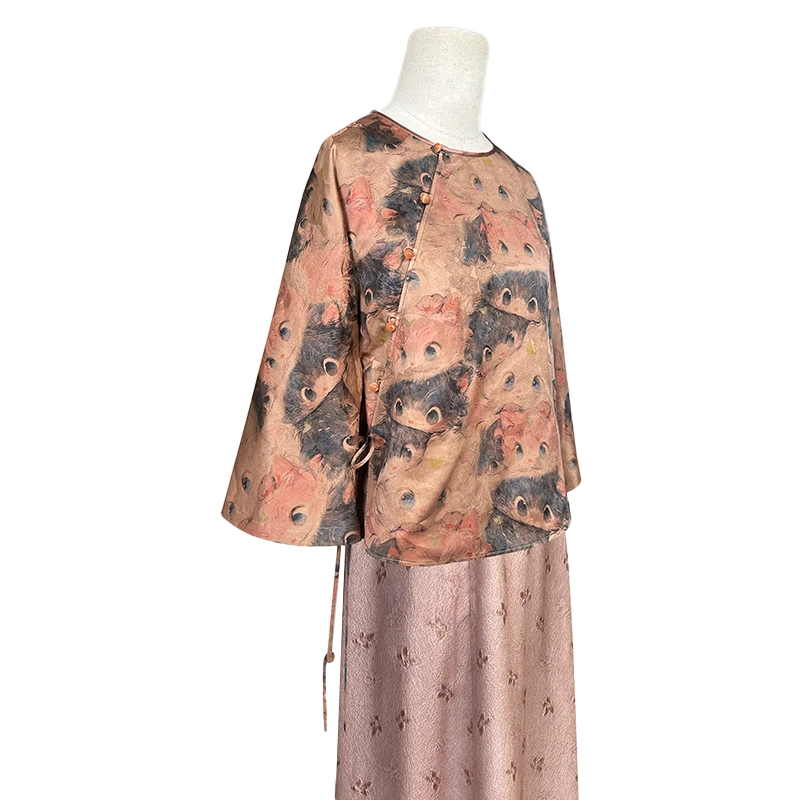 福利款｜小猫咪25姆米红云纱百搭新中式国风圆领七分袖真丝上衣