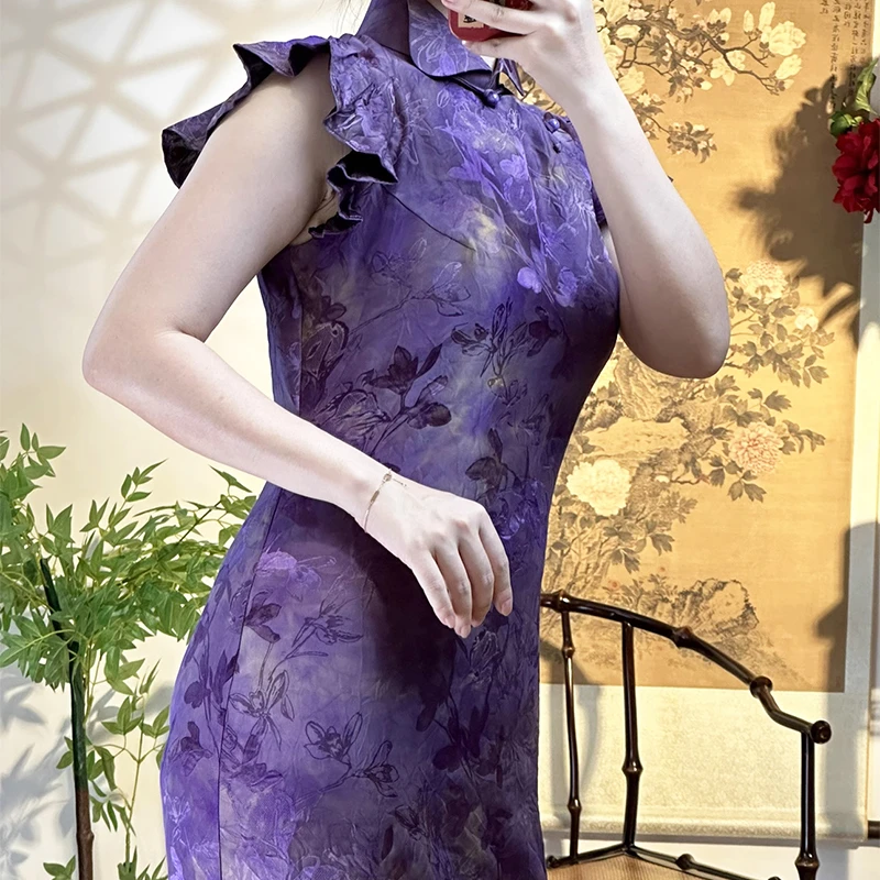 微凉｜梦幻紫水晶25姆米扎染桑蚕丝凤仙领小飞袖年轻版修身旗袍