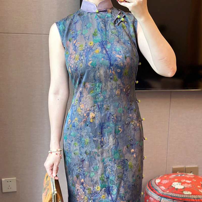 月下微凉夏至未至25姆米红云纱新中式有省修身可拆卸领旗袍中国风