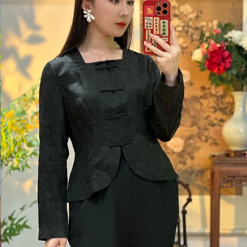 月下微凉｜沉香四经绞罗香云纱复古小西装短款外套新中式黑色上衣