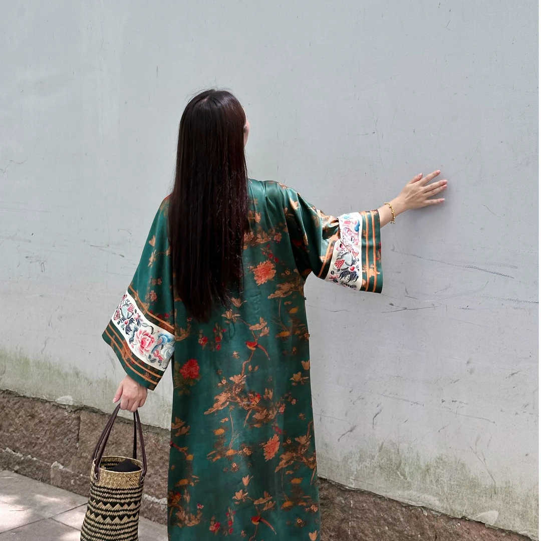 月下微凉｜挽梦50姆米重缎香云纱清代氅衣袍子刺绣挽袖倒大袖旗袍