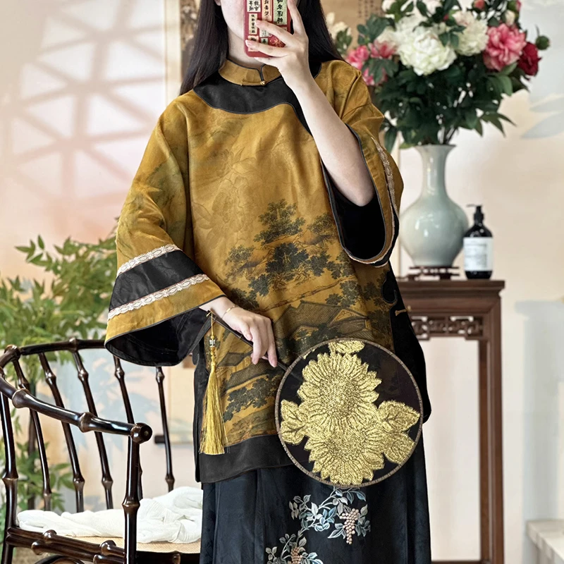 月下微凉｜杨柳春烟古风氅衣40姆米重缎提花香云纱上衣