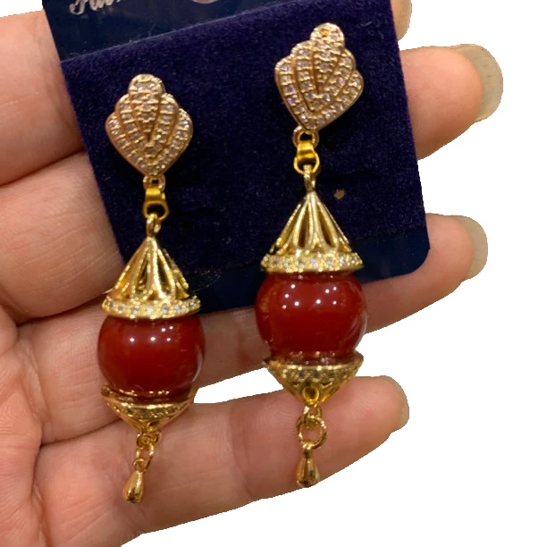 铜合金亚克力耳饰 新款藏族首饰耳环红色长款金色大气款女耳饰