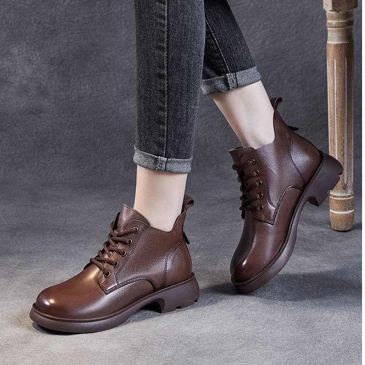 头层牛皮马丁靴女平底百搭秋冬季新款系带英伦风短靴子复古软底