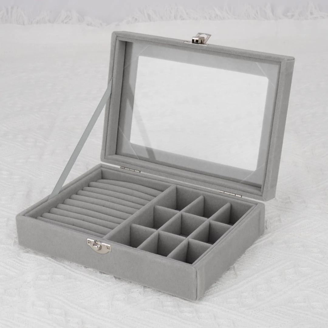首饰盒/箱 可展示单层精致透明玻璃绒布戒指耳饰珠宝饰品收纳盒