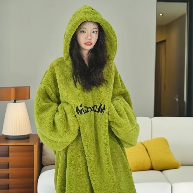 秋冬季连帽睡袍韩版休闲中长款加绒加厚宽松百搭慵懒风时尚家居服