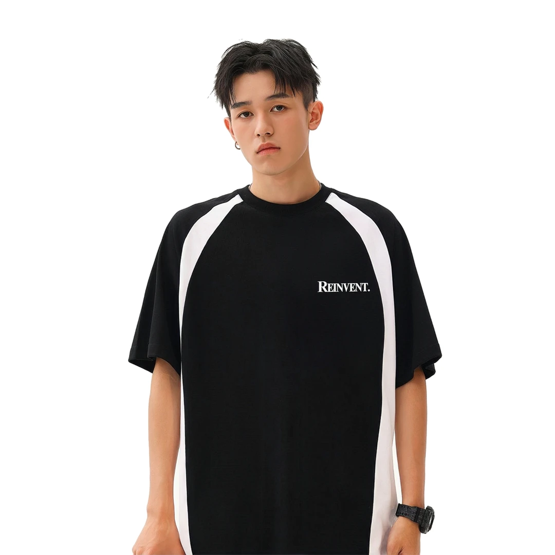 REINVENT小标语字母印花撞色圆领短袖情侣宽松潮流美式休闲运动