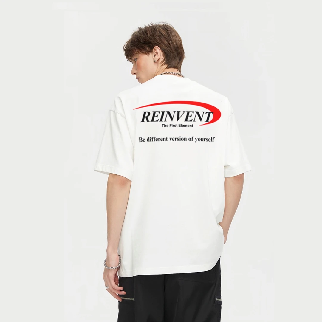 REINVENT倒钩字母印花圆领短袖纯棉宽松休闲春夏新款潮休闲街头
