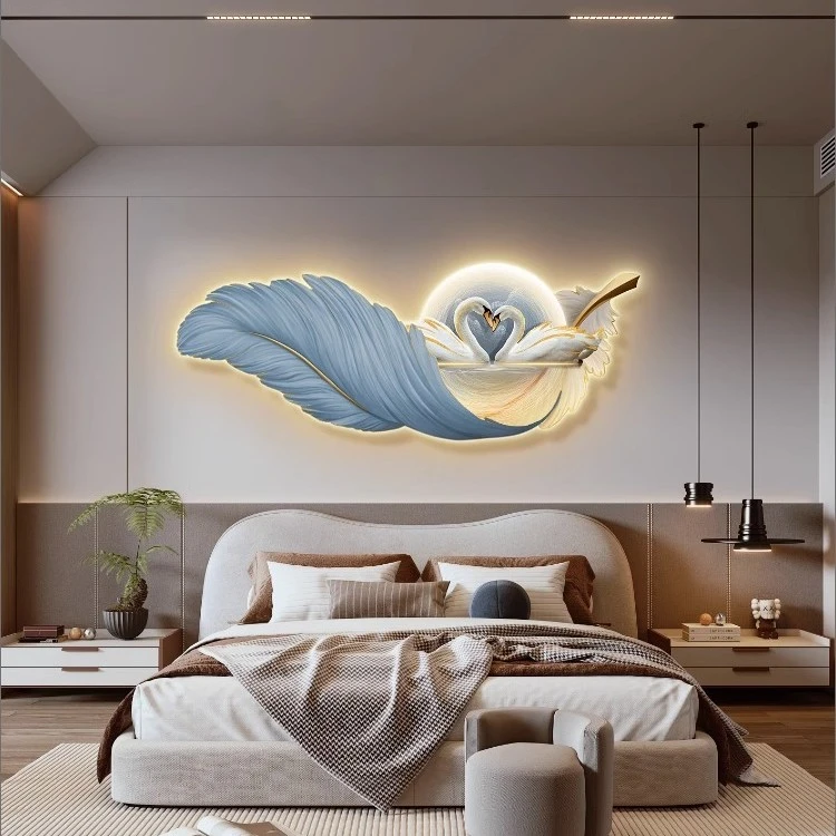 现代轻奢风羽毛天鹅卧室装饰画床头画2025新款高级感挂画主卧房间