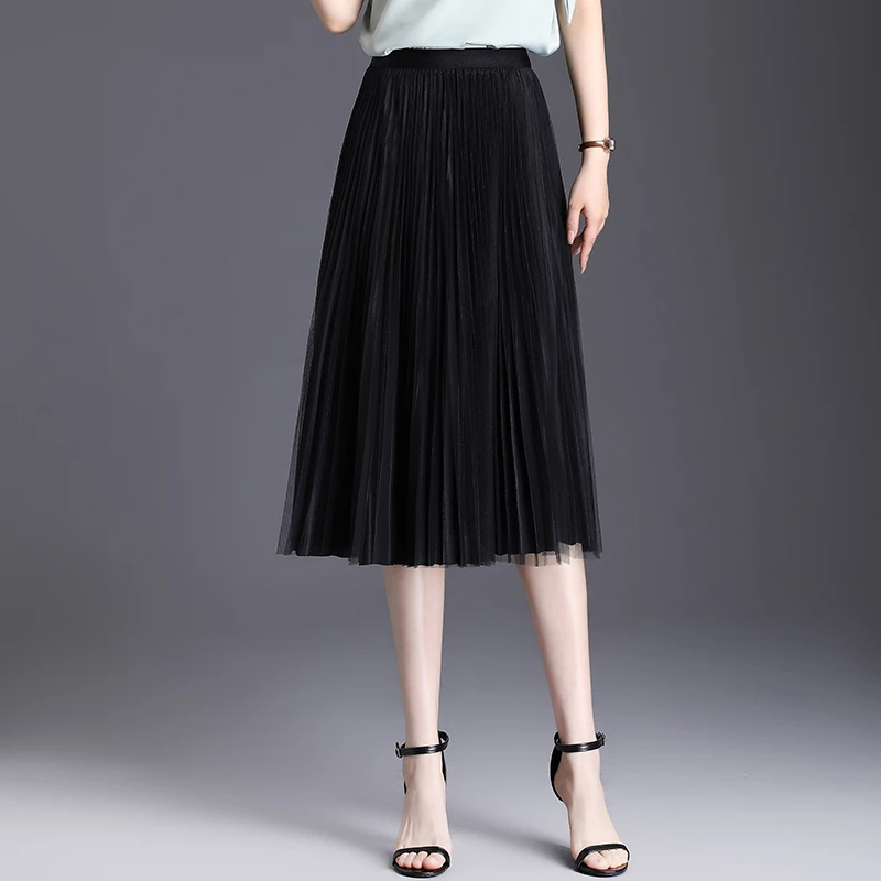 2025新款百褶裙显瘦垂感半身裙a字裙子网纱中长款春秋高腰显瘦夏