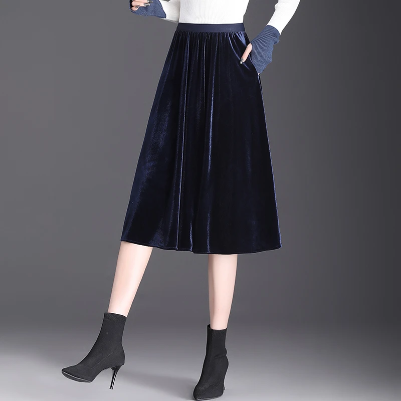 韩国绒半身裙女2025秋冬新款小个子高腰中长款显瘦春秋口袋a字裙
