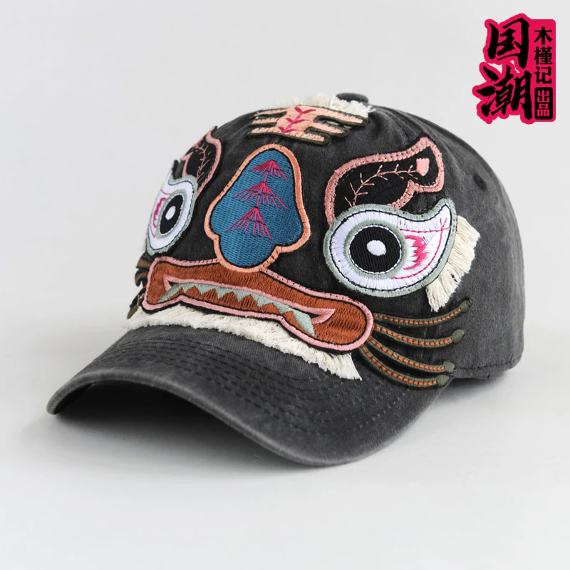 女国潮民族风文艺春夏牛仔布帽子鸭舌帽刺绣虎头帽防晒遮阳棒球帽