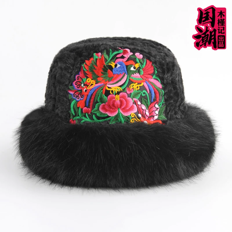 民族国风花鸟刺绣绒毛帽子女秋冬季加厚保暖防寒护耳盆帽仿皮草帽