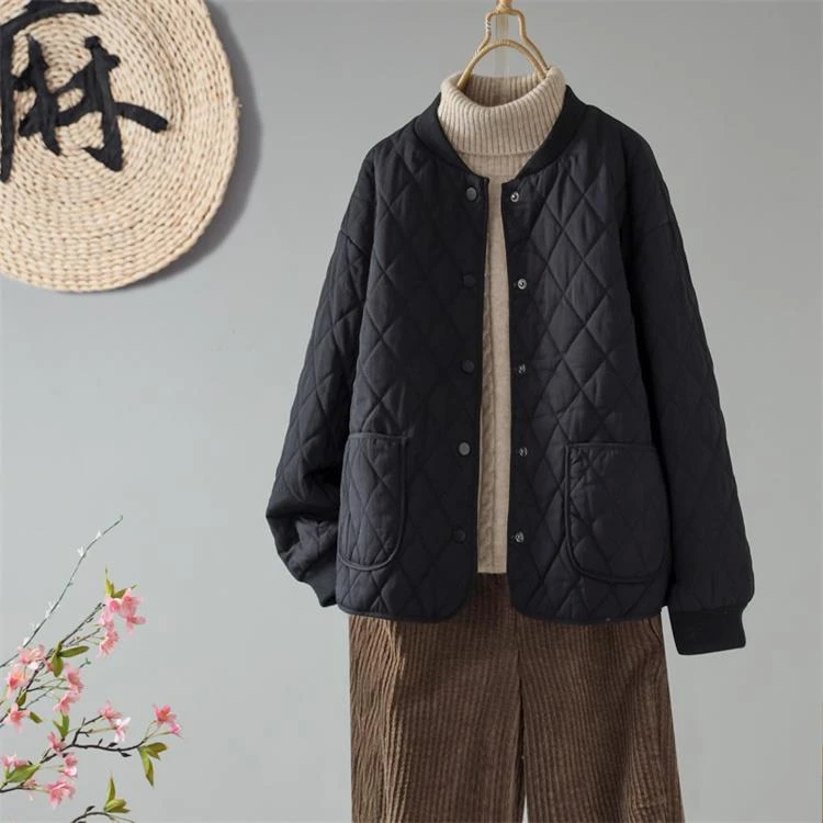 2024年新款日系菱格夹棉棒球服外套女秋冬季加厚保暖棉衣开衫卫衣