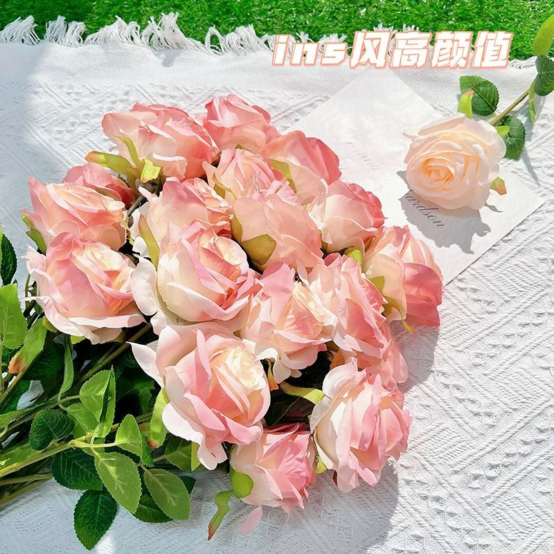 ins假玫瑰花仿真花束摆件插花拍照高颜值diy礼物碎冰蓝客厅装饰