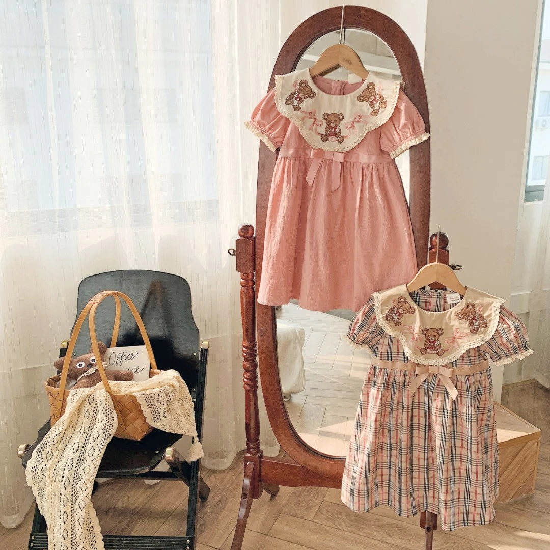 三只小熊~女童刺绣连衣裙夏季童装洋气宝宝蕾丝短袖a字裙