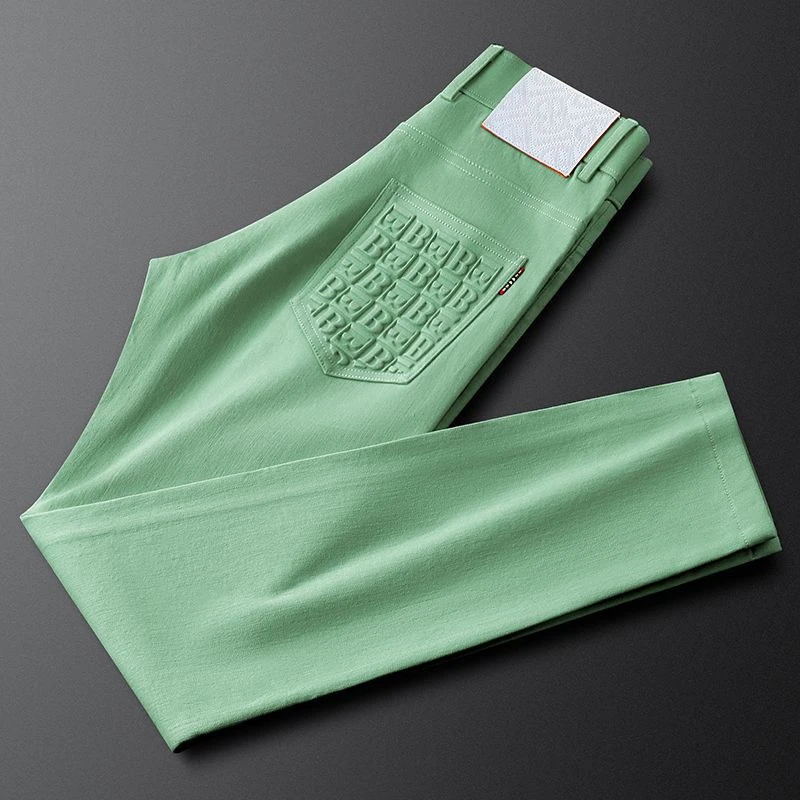 轻奢品质绿色休闲牛仔裤男修身小脚时尚压印2023春夏彩色潮男裤子