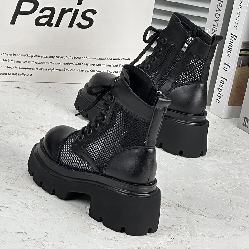 马丁靴女夏2025新款百搭厚底简约透气网面8厘米增高英伦风靴子