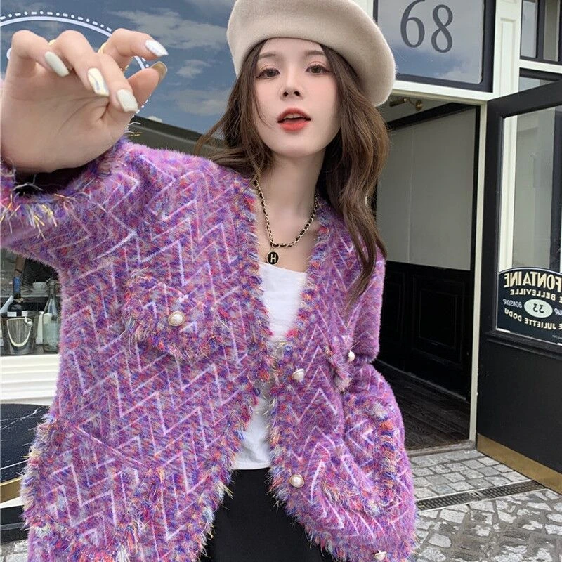 设计感V领小香风毛衣外套女秋季仿水貂绒流苏高级感针织开衫上衣