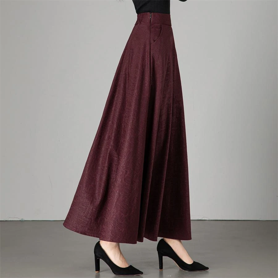 酒红色时尚半身长裙女秋冬垂感大摆裙垂感a字裙花广场舞裙妈妈裙
