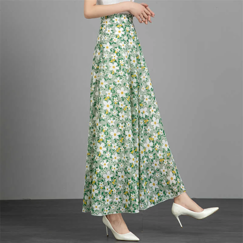 垂感雪纺大摆长裙小碎花半身裙夏女沙滩裙度假纱裙舞裙花色裙子