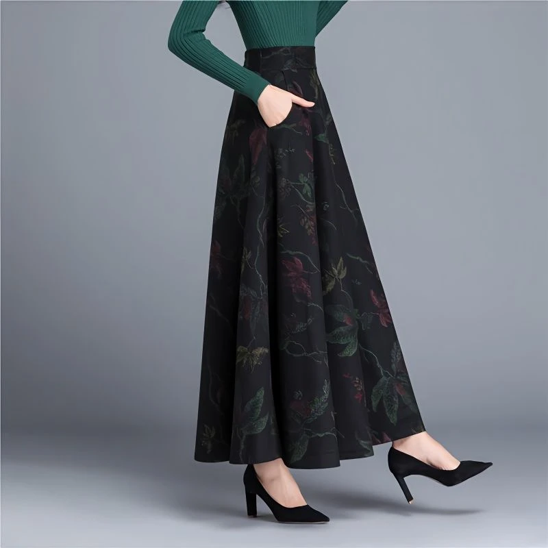 秋冬半身裙长裙妈妈广场舞裙复古大摆新款中长款高腰碎花垂感裙子