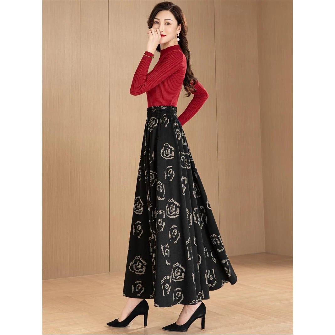 垂感秋冬长裙半身裙提花女妈妈花色印花针织弹力跳舞裙复古大摆裙