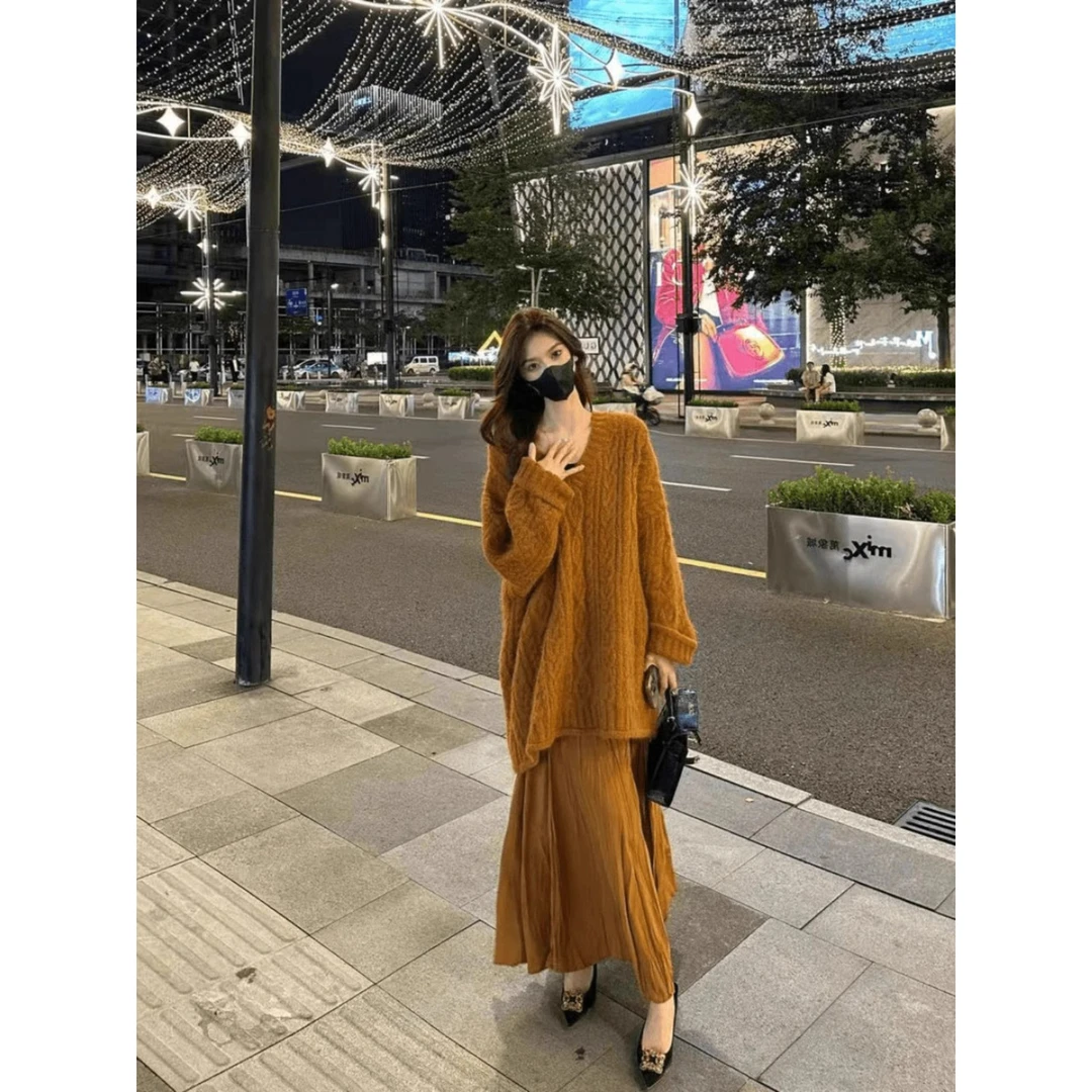 韩版长袖秋冬气质秋冬v领宽松慵懒风重工毛衣上衣半身裙两件套女