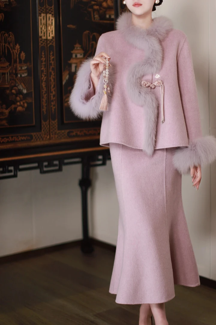 【寻香紫禁城】双面尼拼接新中式套装国风盘扣外套+半身裙两件套