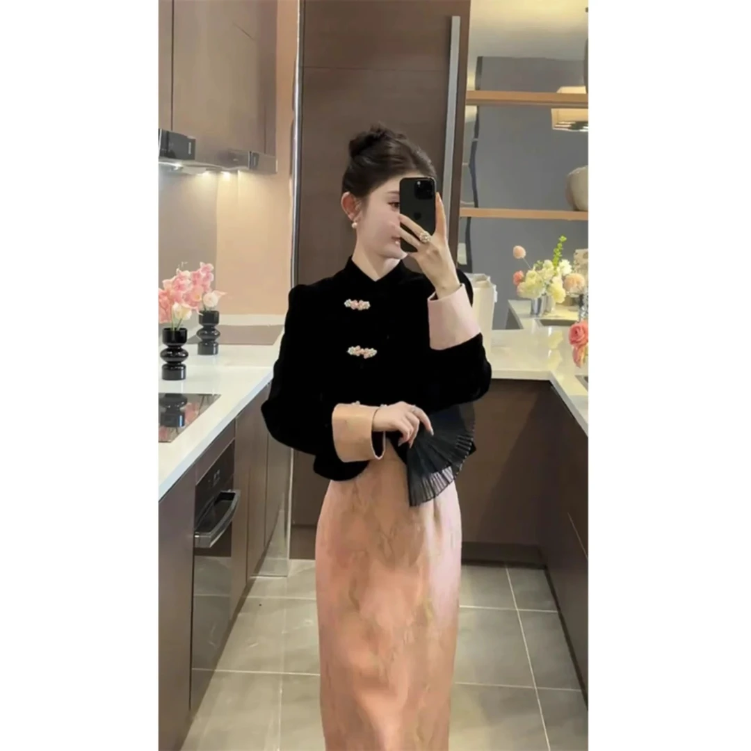 2024秋冬新款新中式提花刺绣国风短外套包臀半身裙时尚气质套装女