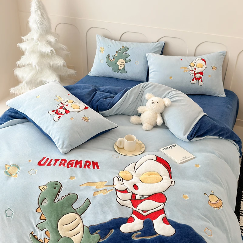 刺绣贴布绣牛奶绒三四件套男童速暖绒被套床单双人床上绣花套件