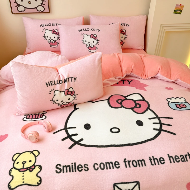 A类卡通女童牛奶绒三四件套速暖防静电被套床单双人被罩床上套件3