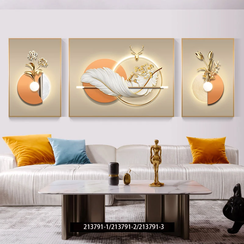 金羽呈祥客厅装饰画简约抽象三联羽毛壁画沙发背景墙挂画【佳人新】