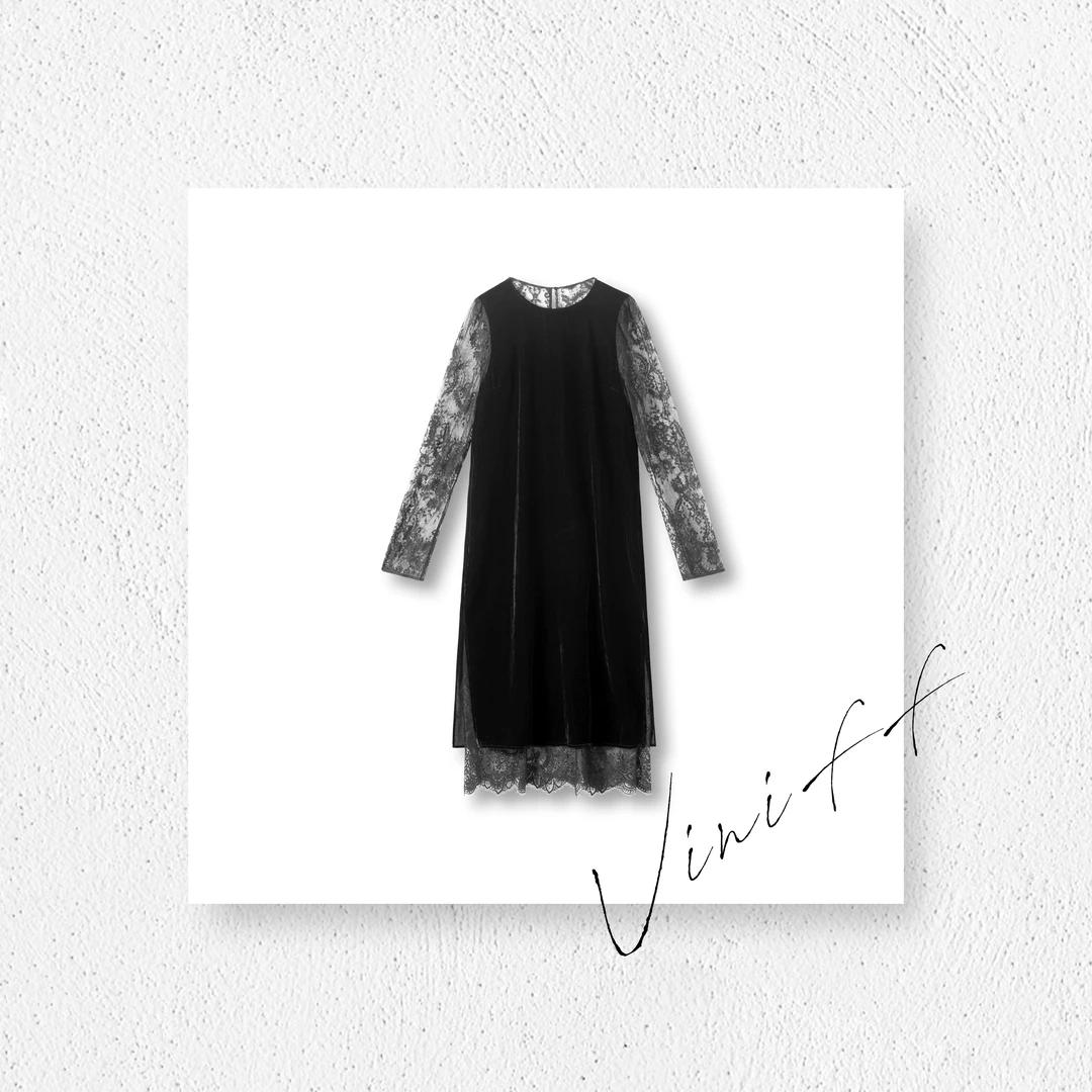 ViniFF薇妮｜进口丝绒蕾丝长袖连衣裙L30772