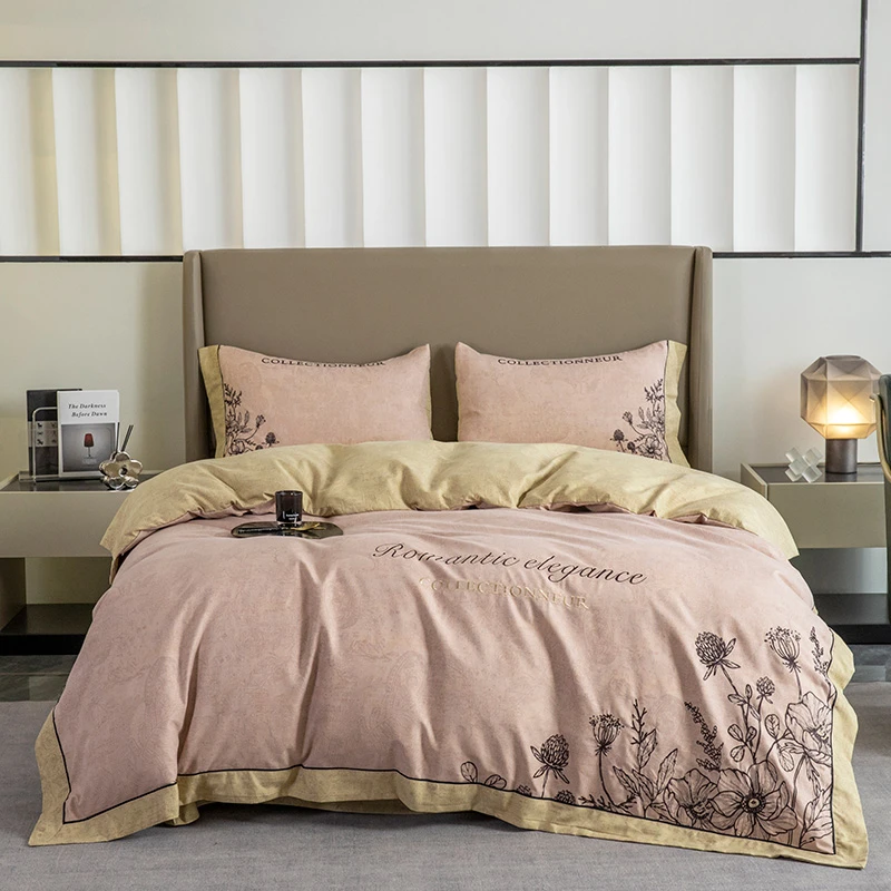 极有家重工加厚刺绣四件套磨毛加厚双层双面简约床品床单四件套