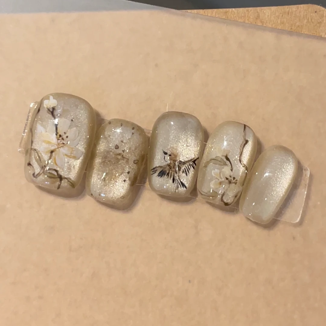 原创·照夜｜筠雾纯手工穿戴甲水彩国画古风美甲定制短甲纯手绘