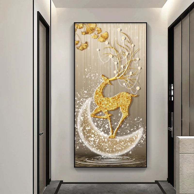 黄金福禄入户客厅玄关装饰画现代简约竖版背景墙壁画走廊过道挂画
