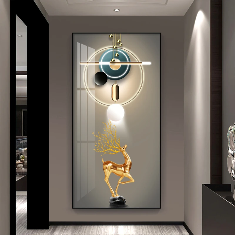 福禄高升玄关装饰画高档入户走廊过道挂画轻奢大气正对门竖版壁画