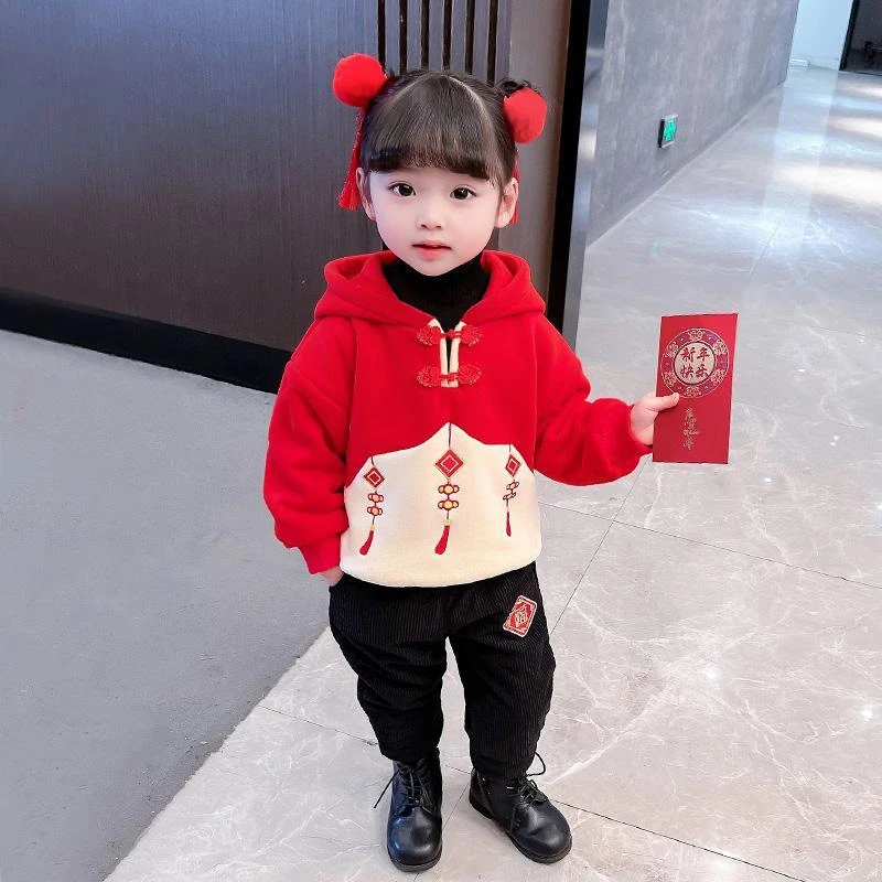女童复古拜年服宝宝加厚加绒冬装卫衣套装小童喜庆中国风新年唐装