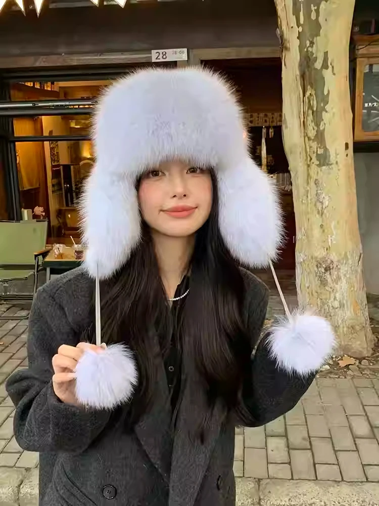 【麦兜】狐狸毛雷锋帽女显瘦滑雪帽亲子秋冬季护耳针织蓝狐小雷锋帽