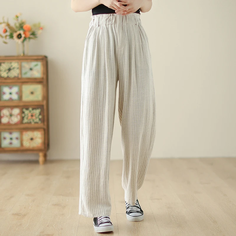 2024秋新款女高腰阔腿裤条纹休闲裤棉混纺透气长裤时尚百搭文艺范