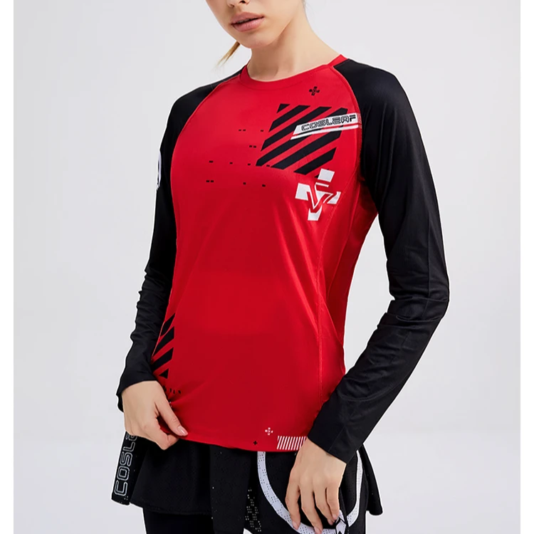 科里芙新款印花上衣长袖圆领轻薄跑步健身透气速干运动紧身衣