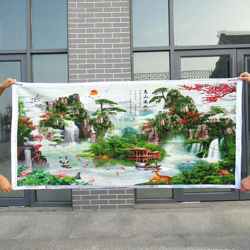 纯手工十字绣成品高山流水流水生财简约客厅风景山水画挂画绣好的
